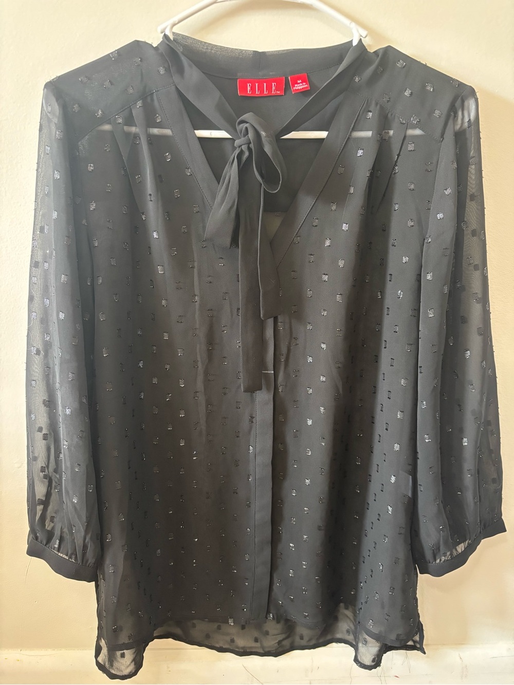 Elle Black Sheer Tie-Neck Dot Blouse